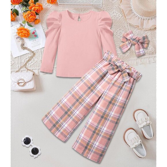 Toddler Girl Clothes,Girls Fashion Clothes Puff Sleeves Shirt Pants Headband 3Pc - Picture 6 of 7